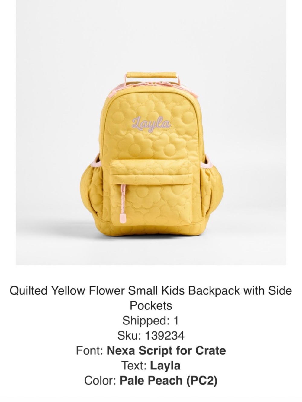 Crate&Barrel Yellow Quilted Flower Kids Backpack- Layla Monogram